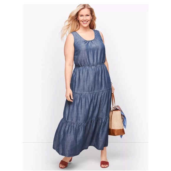 Talbots Sleeveless Dress Fit & Flare Denim Tencel Tiered Maxi SZ 10P - Picture 4 of 7